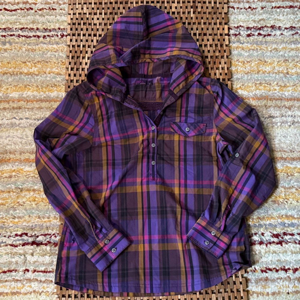 Prana Linen Purple Plaid Anorak Pullover Shirt Jacket Hoodie Men's Medium M