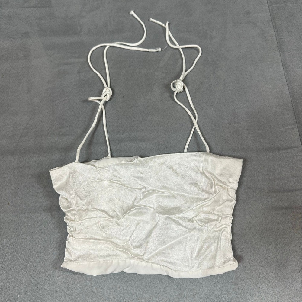 Zara Ivory Satin Effect Crop Smocked Bandeau Top Tie Straps XS Extra Small