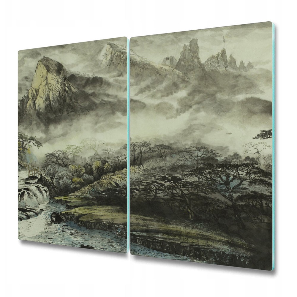 Glass Chopping Cutting Board Chinese landscape drawing mountain fog valley mist
