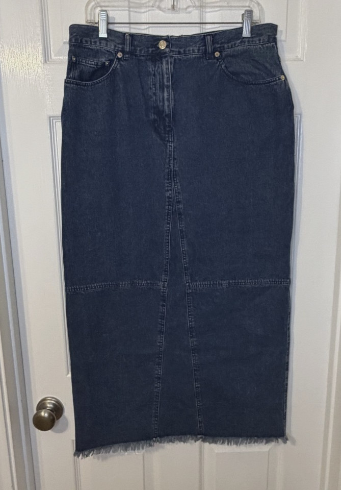 Lauren Jeans Co Ralph Lauren Blue Denim Maxi Skirt Raw Hem Back Slit Size 14