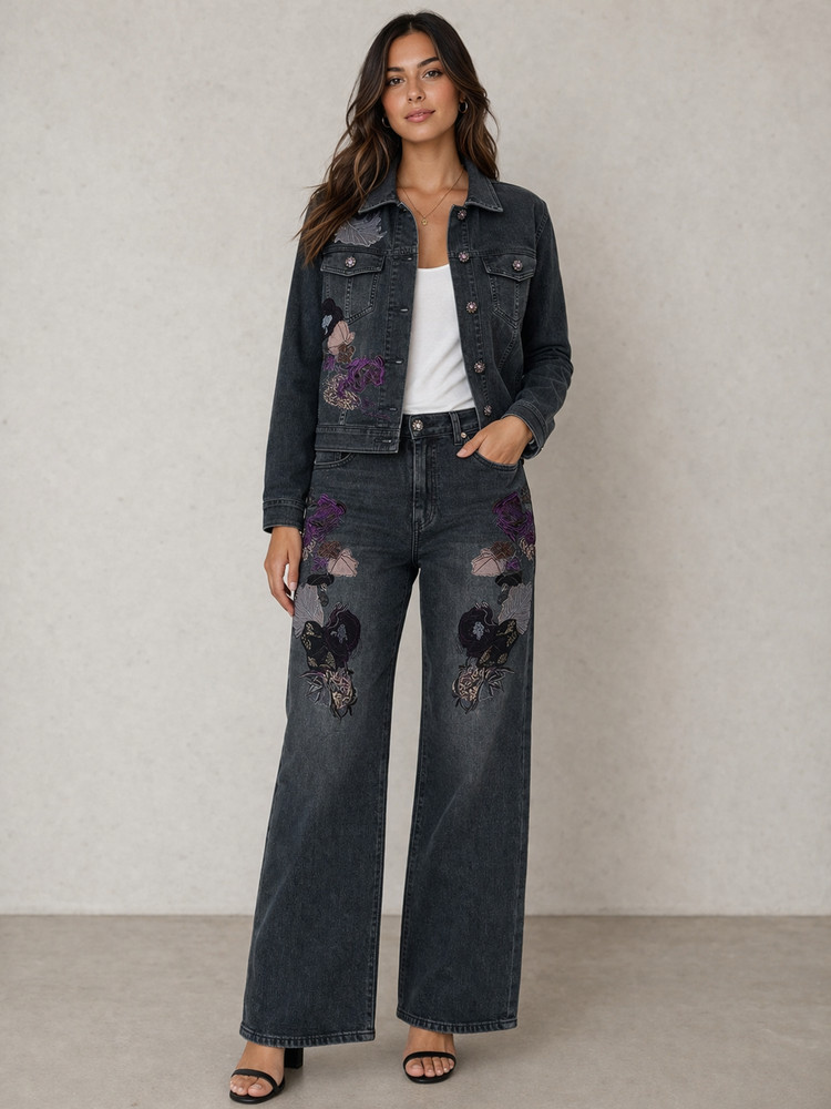 V Cristina Outfit Set Womens 12 Gray Floral Embroidered Denim Jacket Jeans 2 Pc