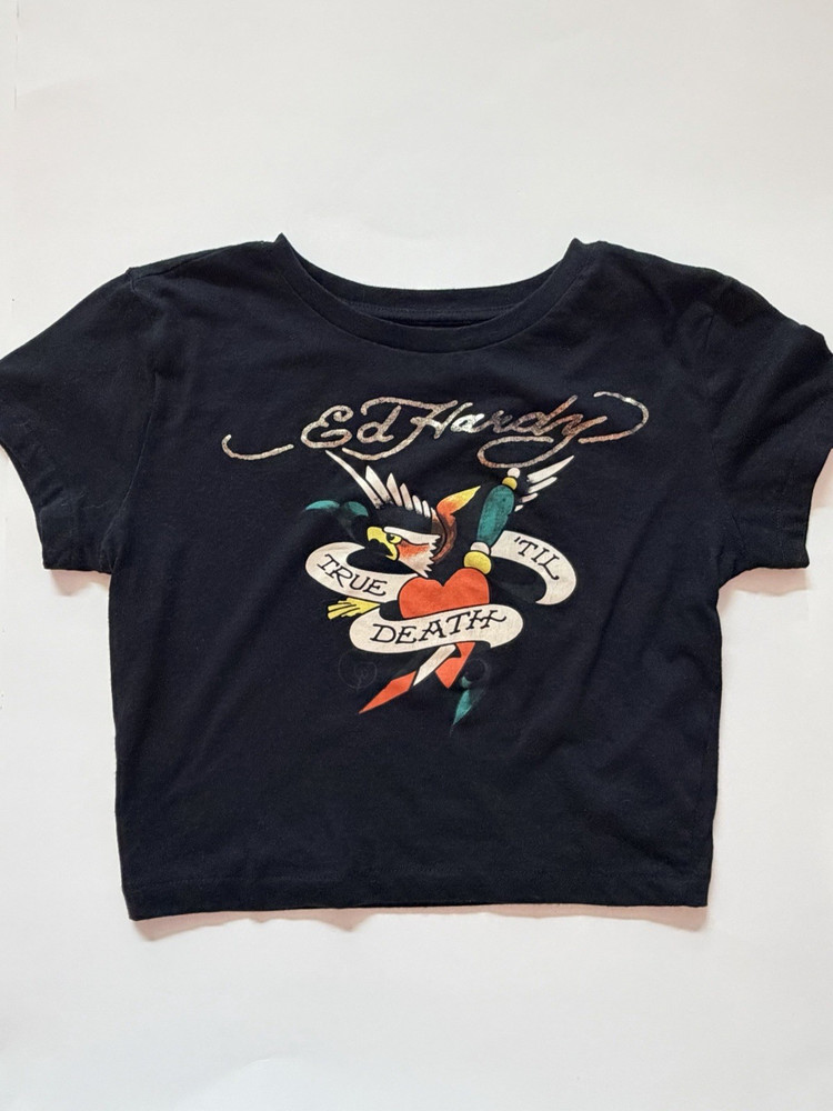 Ed Hardy women’s M Black Short Sleeve crop top Tattoo Graphic Print T-Shirt
