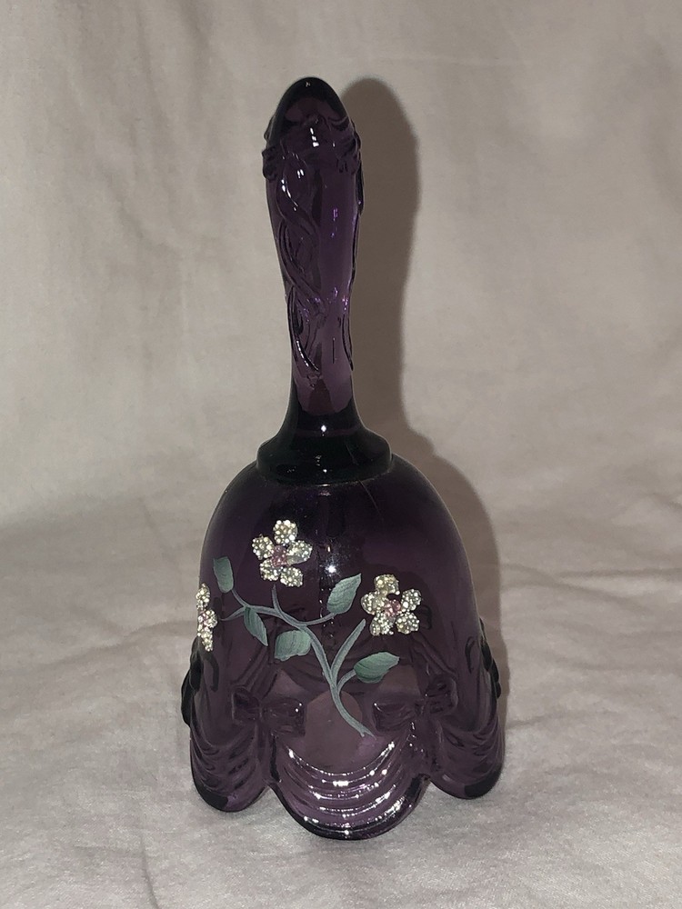 Fenton Hand Painted Amethyst Bell Signed By K. Brightbill Pink Blue White Floral