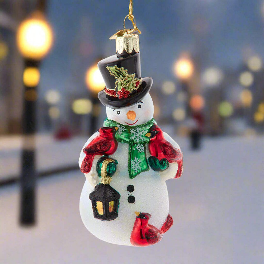 Noble Gems Snowman with Cardinals and Lantern Glass Ornament