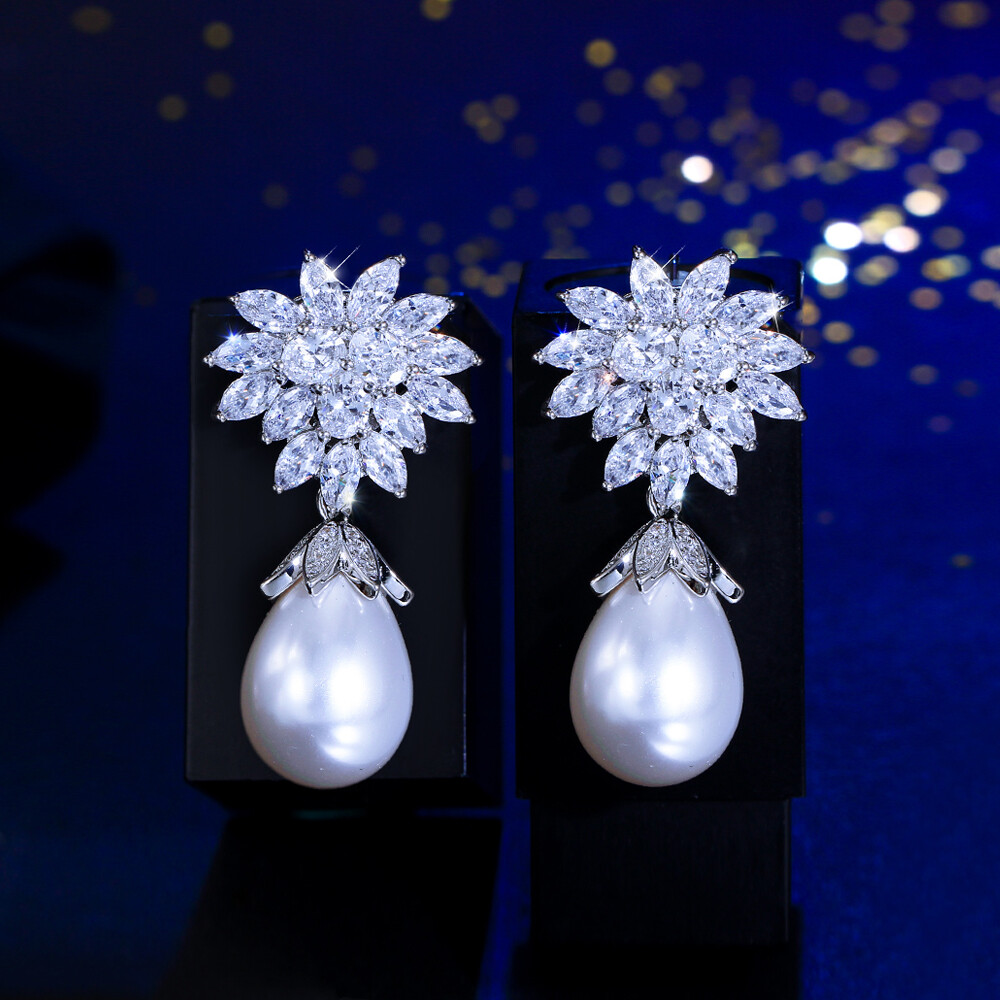 Shiny Silver Plated CZ Flower Leaf Pearl Dangle Earrings Cubic Zirconia Jewelry