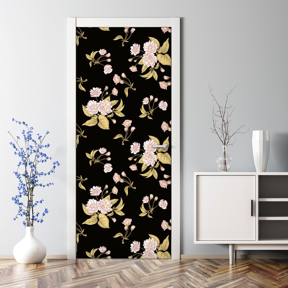 Dark Floral Vintage Satin Roses Blue Brown Adhesive Door Decal decor peel stick