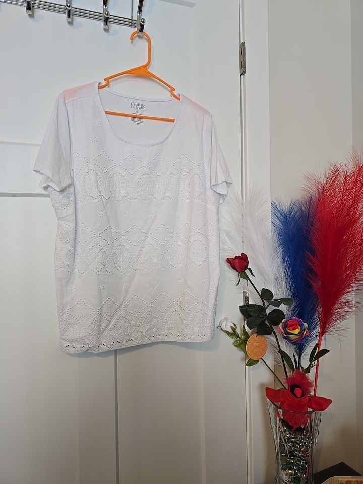 Croft & Barrow White short sleeve top featuring eyelet an embroidered details...