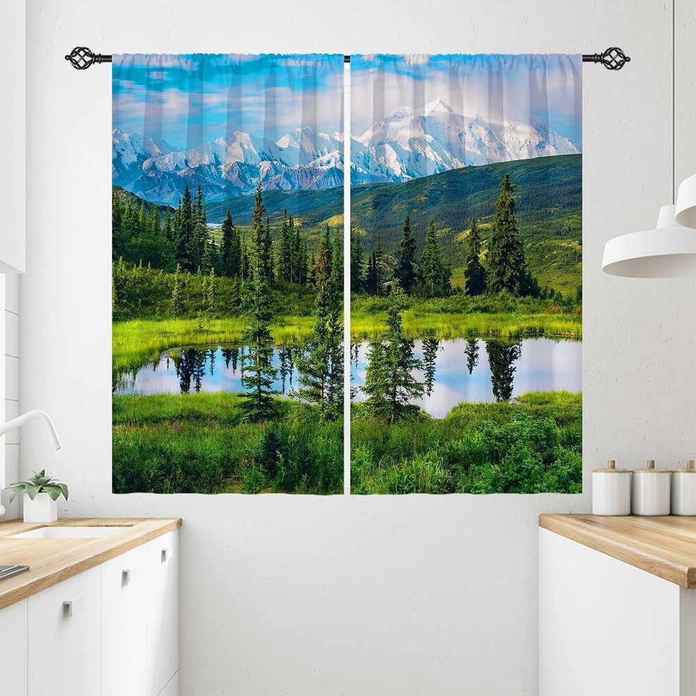 Scenery Kitchen Curtains Nature Landscape Theme Snow Mountain Lake Forest Tree