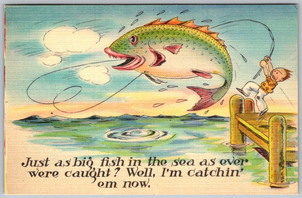 Vtg Linen Postcard Giant Fish Fishing Cartoon Asheville, NC 1950s