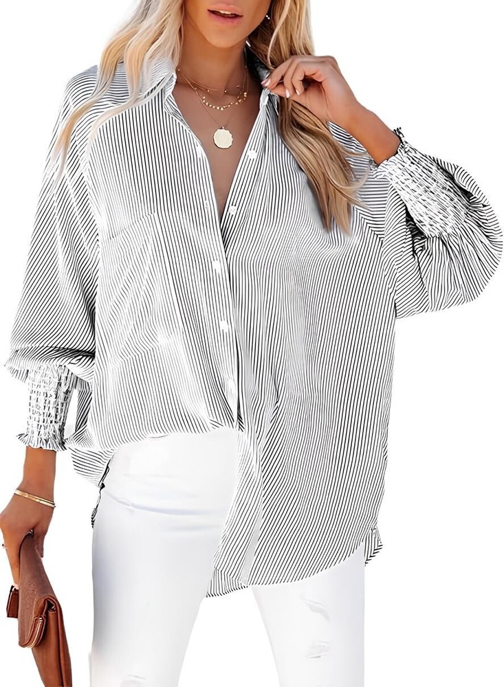 Women's M-2XL Black Smocked Cuffed Long Sleeve Striped Boyfriend Shirt w/ Pocket