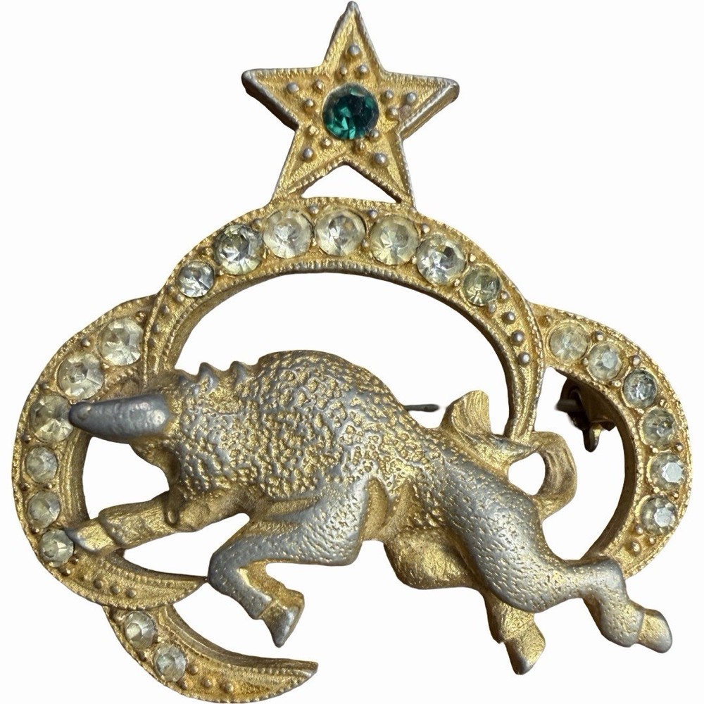 Vintage St Labre Taurus Zodiac Bull Moon Crescent Rhinestone Brooch Gold Tone