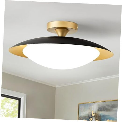 Dimmable Black and Gold Mid-Century LED Semi Flush Ceiling Light