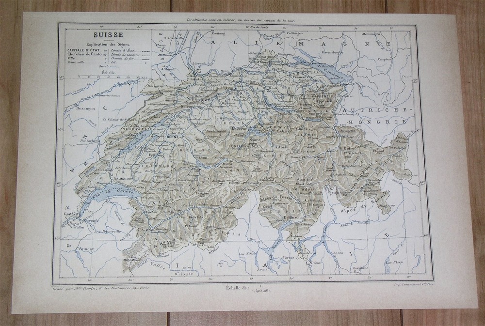 1887 Antique Map Of Switzerland / Alps