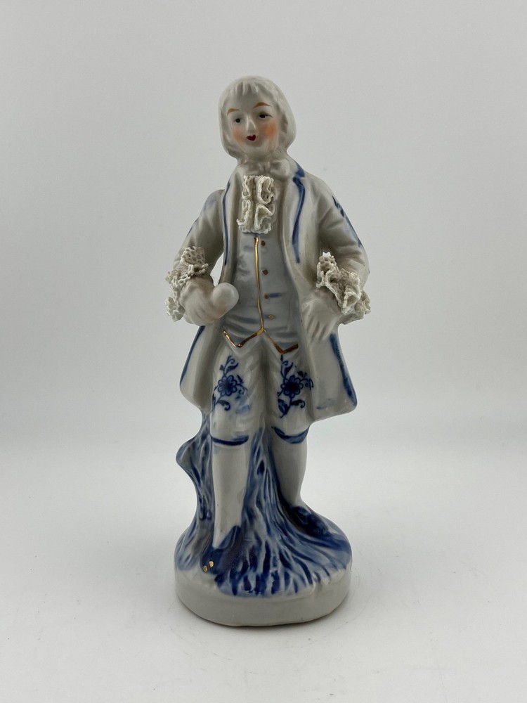 Vintage Porcelain Gentleman Figurine Blue White Lace Gold Trim Georgian 6