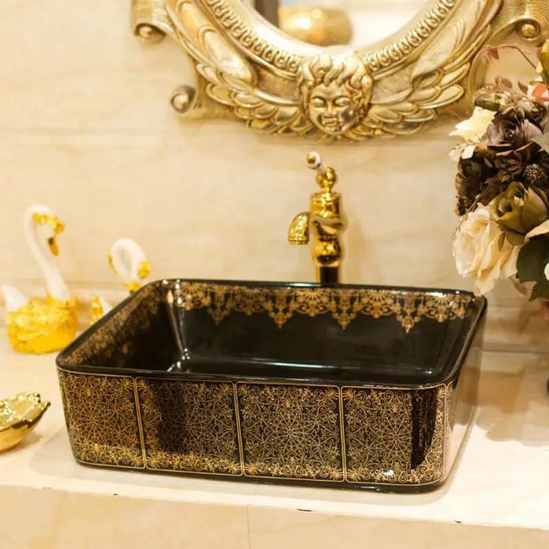 Black Wash Basin Rectangular Countertop Bathroom Sinks Modern Style 48cmx37x13cm