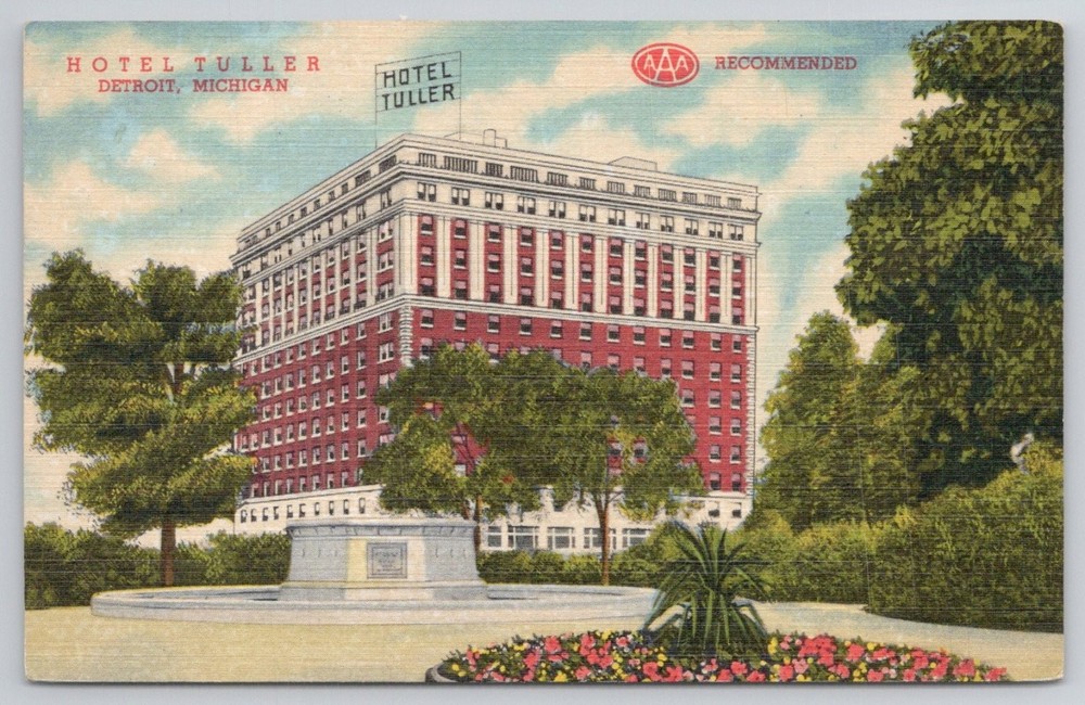 Hotel Tuller Detroit Michigan Linen Postcard AAA Recommended Vintage