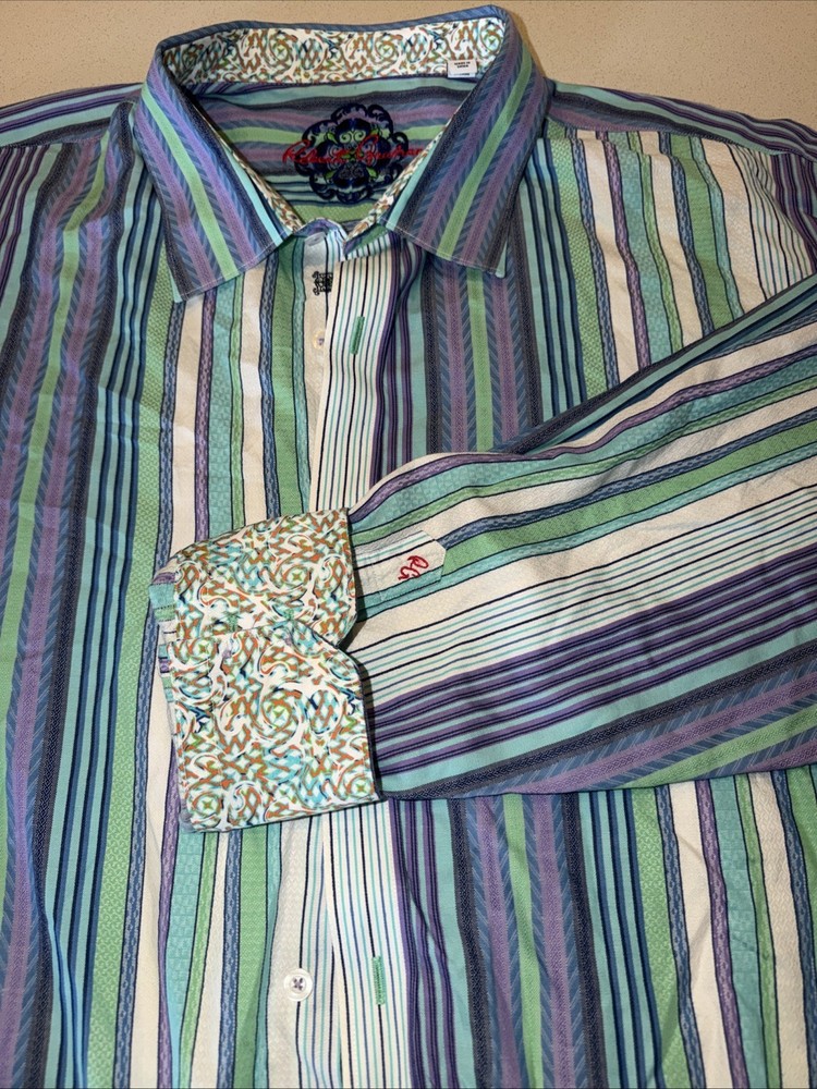 Robert Graham Blue Green Purple Stripes Geometric Flip Cuff Sz 3X LT Preppy
