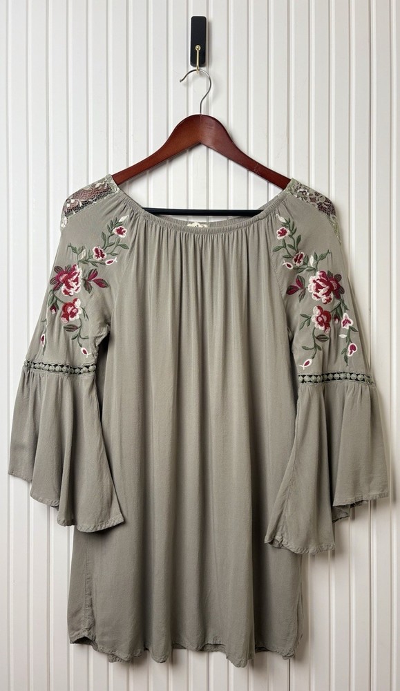 Indigo Soul Tunic Top Embroider Bell Sleeve S Gray Bohemian Hippie Fairycore
