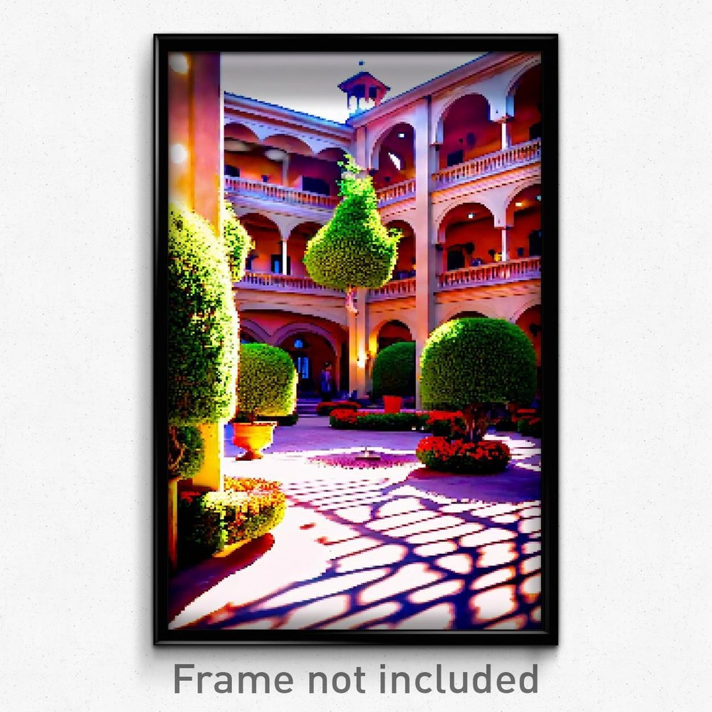 8 Bit Psychedelic Pixel Art Courtyard Poster - Trippy Video Game Print
