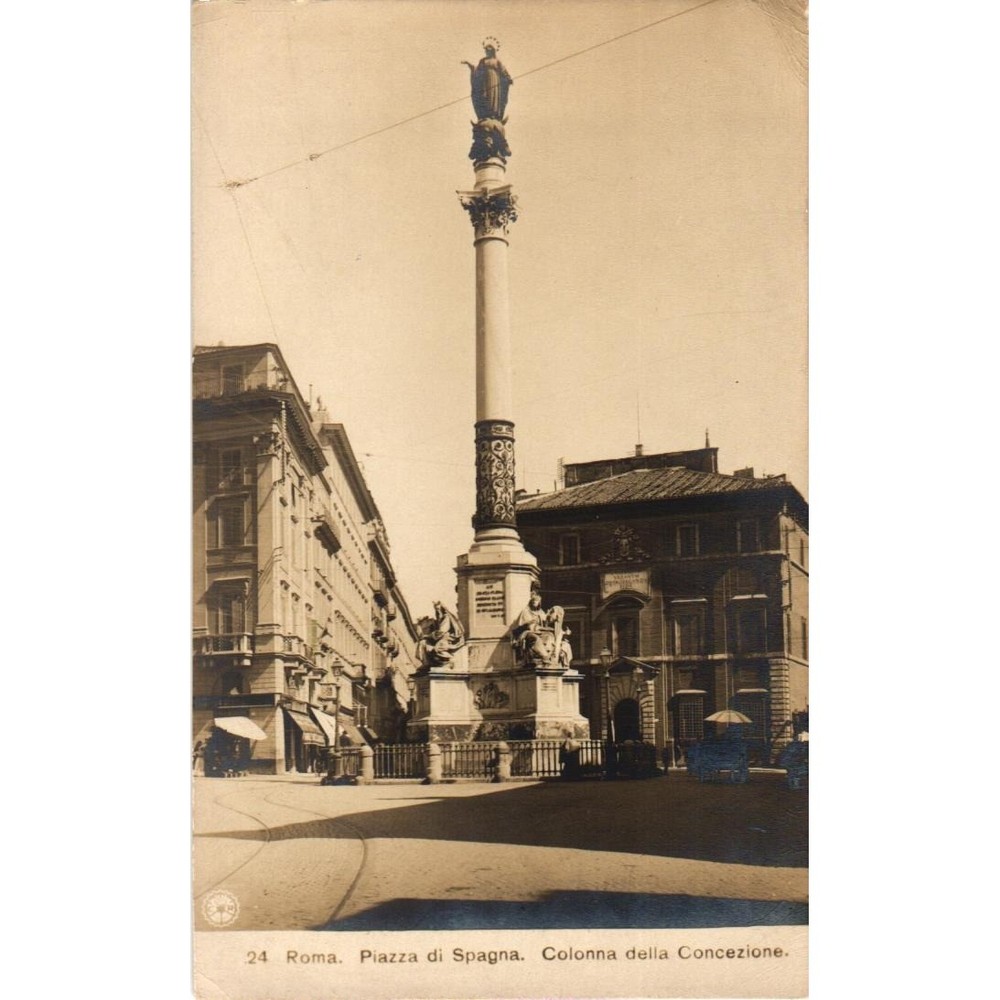 Vintage 1916 Rome Postcard Piazza di Spagna Colonna della Concezione Sepia RPPC