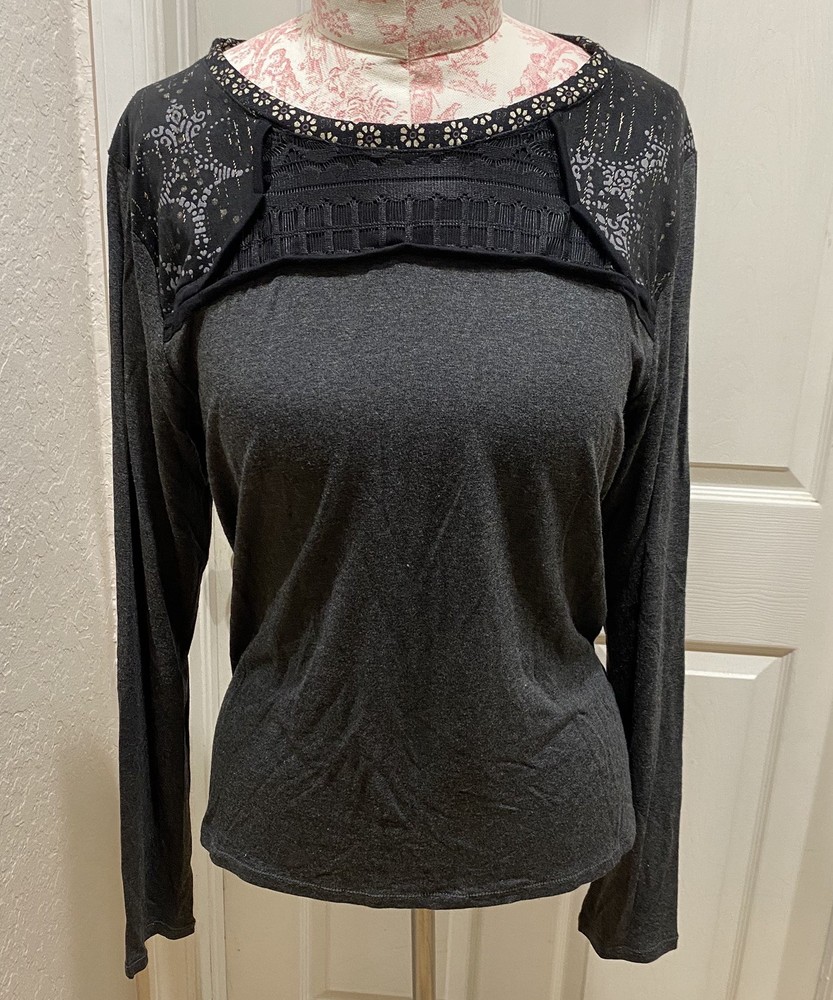 Custo Barcelona Long Sleeve Top Black Grey Floral Abstract Gothic Graphic XL-image