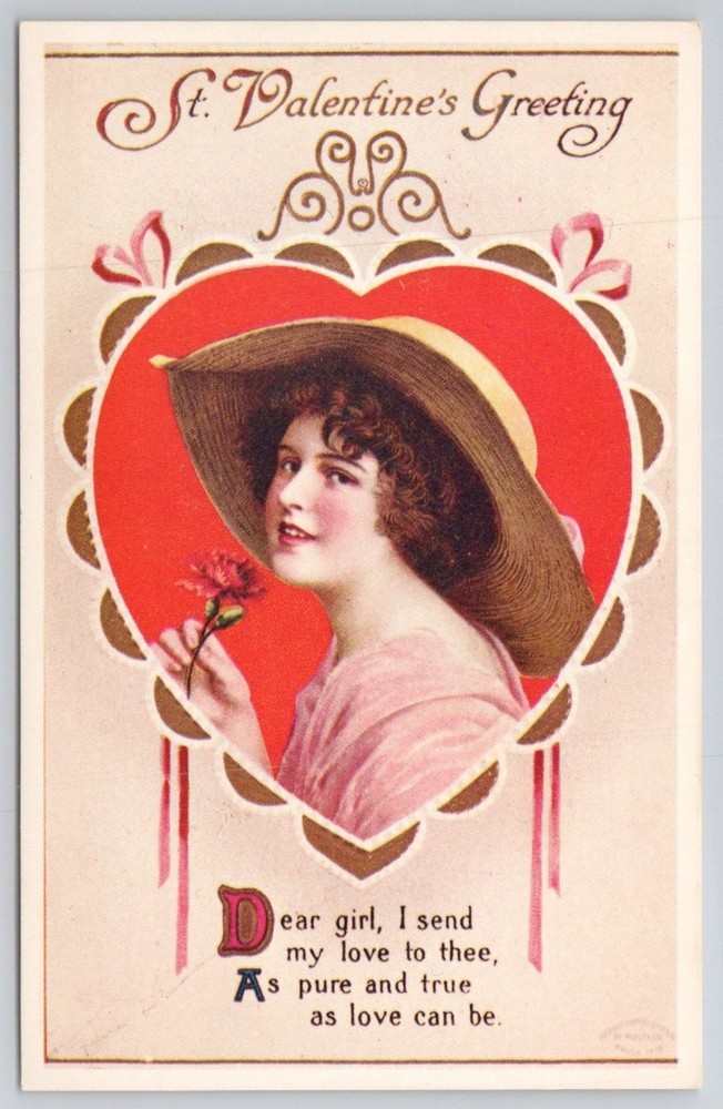 St. Valentine's Greeting Postcard Edwardian Woman Heart Poem Unposted c1910