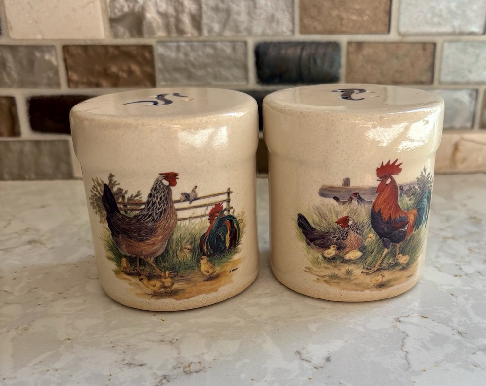 Vintage Rooster Hen Chick Salt & Pepper Shakers Country Farmhouse Stoneware Set