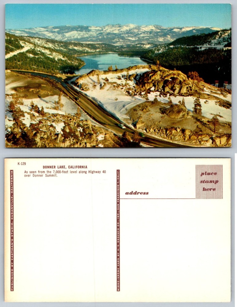 Vintage Donner Lake California Mirro-Krome Postcard Hwy 40 Donner Summit