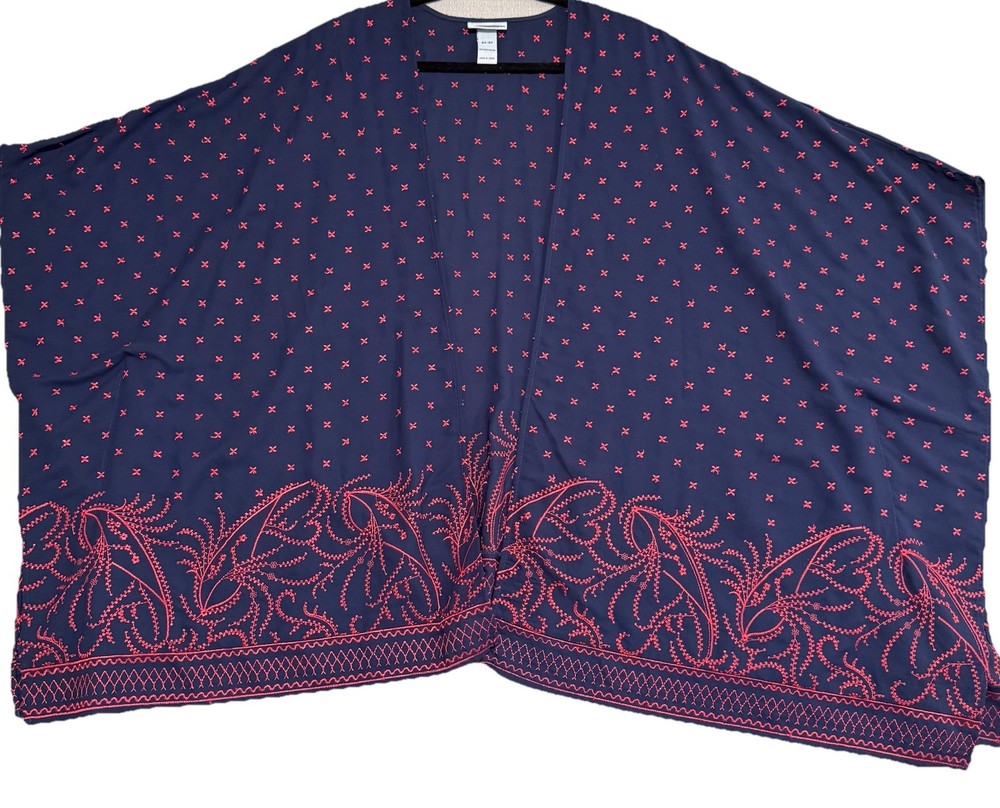 Catherine's Open Front Embroidered Duster Cardigan Kimono Size 2X-3X Blue Boho
