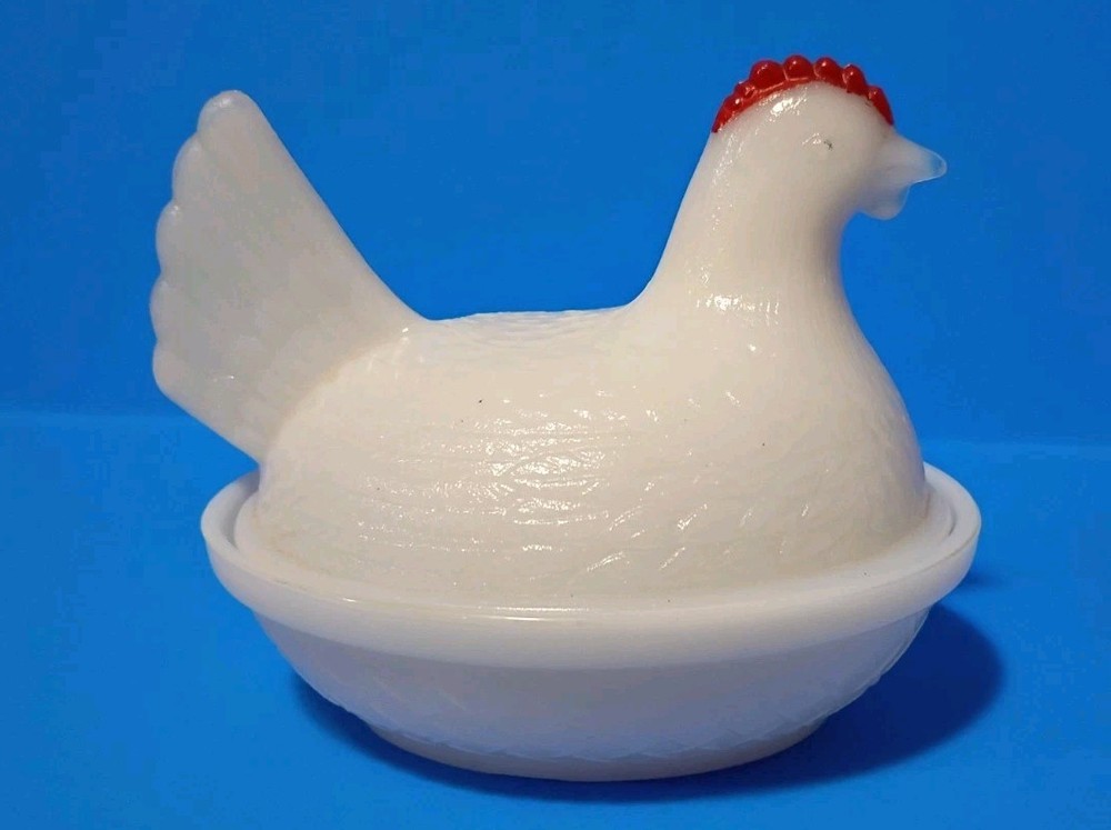 Hazel Atlas Vintage Hen On a Nest Milk Glass Covered Bowl Candy Trinket Dish