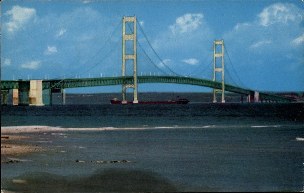 Michigan Mackinac Bridge longest suspension ~ dated 1959 vintage postcard