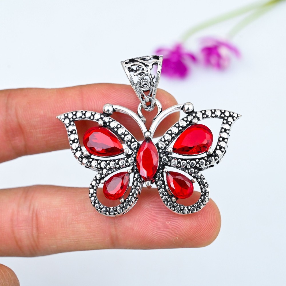 Red Garnet Gemstone 925 Sterling Silver Handmade Butterfly Pendant Jewelry Gift