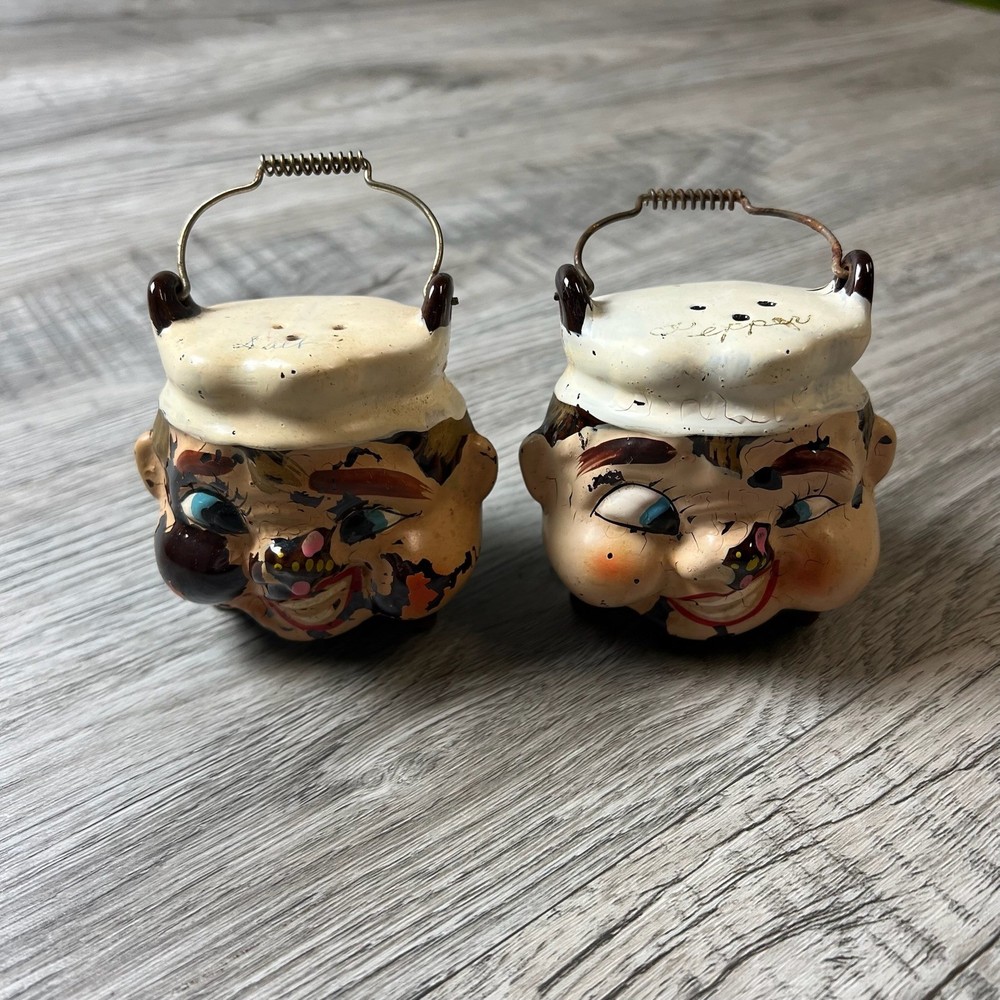 Japan Salt Pepper Shakers Vintage Chef Baker Head Brown White Set AC67