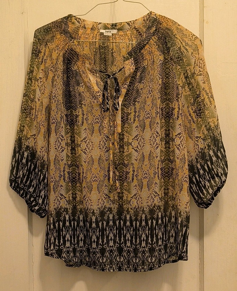 Bar III Animal Print Tie Neck Tunic Blouse Yellow Black Green Woven Size L