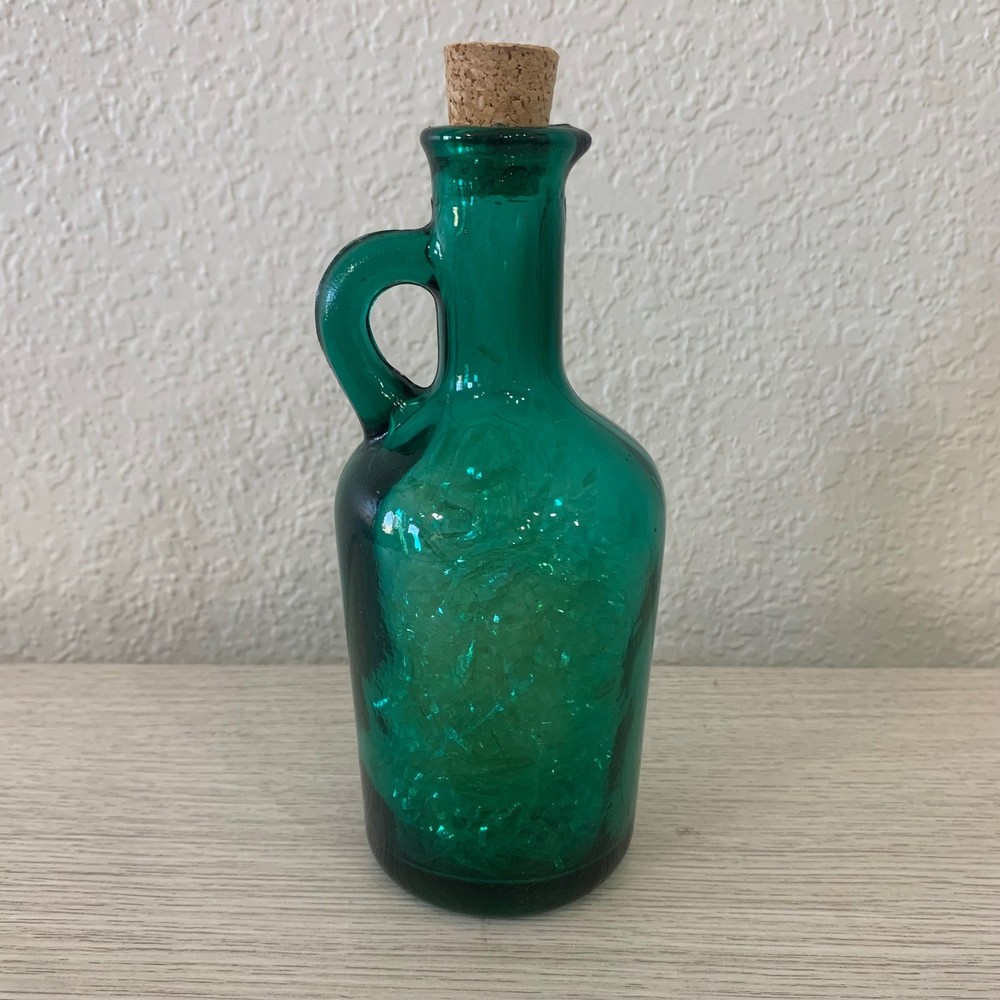 Green Glass Bottle with Handle and Cork Stopper Decorative Accent