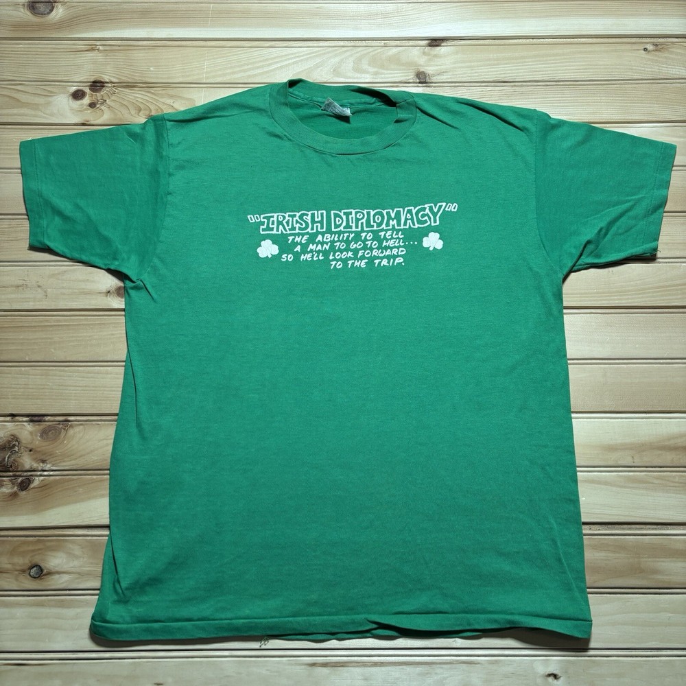 Vintage 80s Irish Diplomacy Funny Comic Parody Saying Shirt Size XL Green