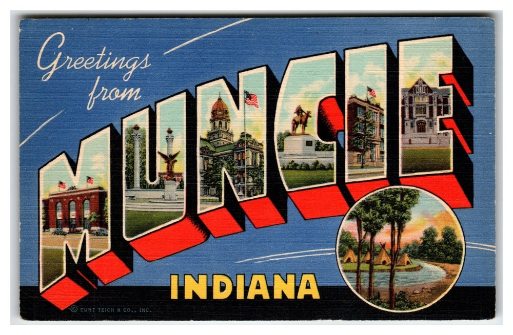 Greetings from Muncie Indiana Large Letter Linen Postcard Curt Teich 1940s