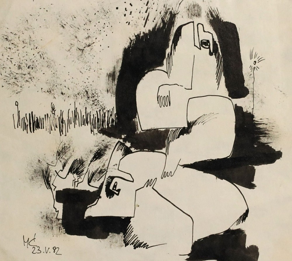 Abstract modernist ink drawing of figures with signature included-image