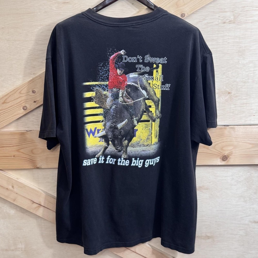 VTG Wrangler Bull Rodeo T-Shirt XL USA 90s Black Cowboy Save It For The Big Boys