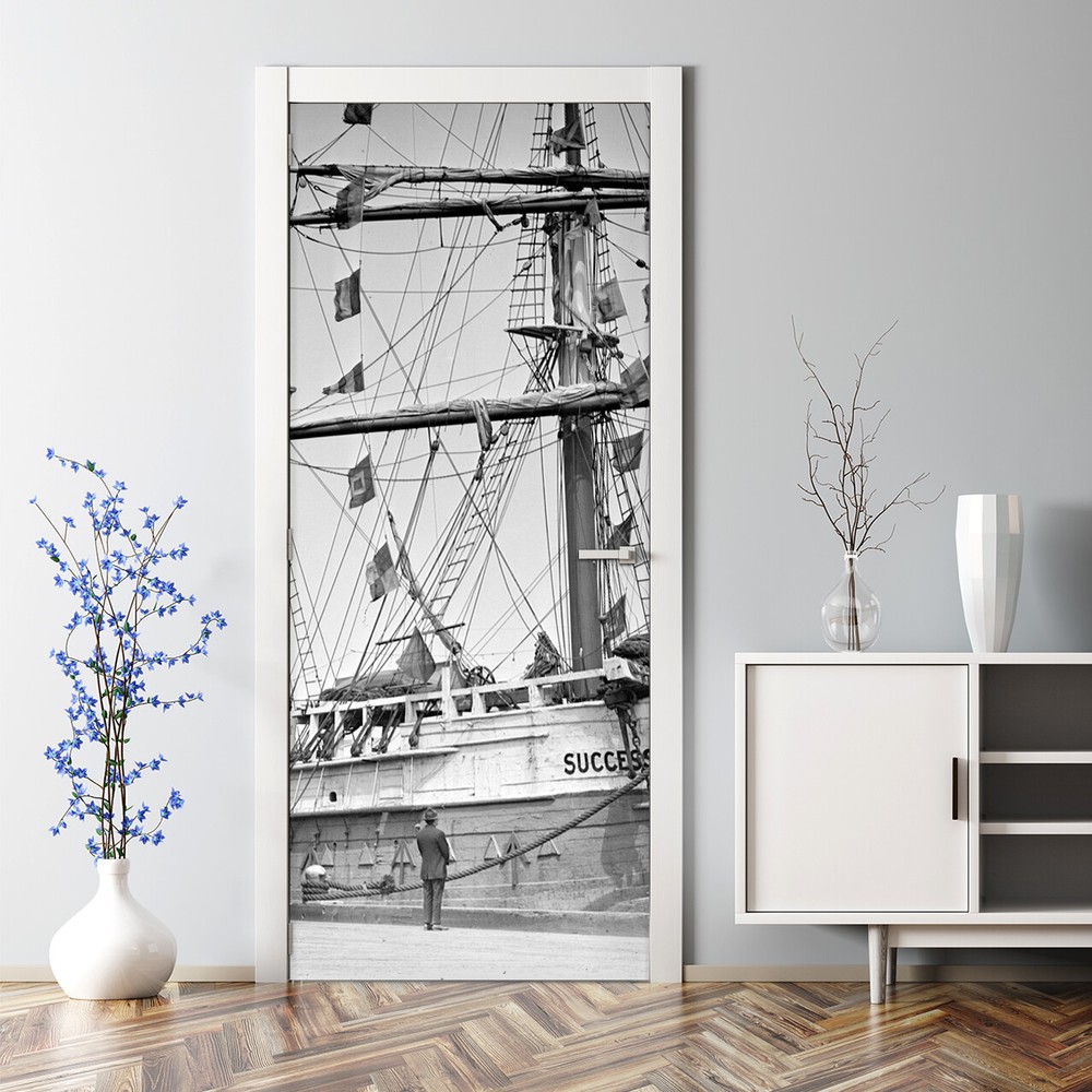 Vintage Black and White Ship Decal Bubble Free Self-Adhesive Door Sticker