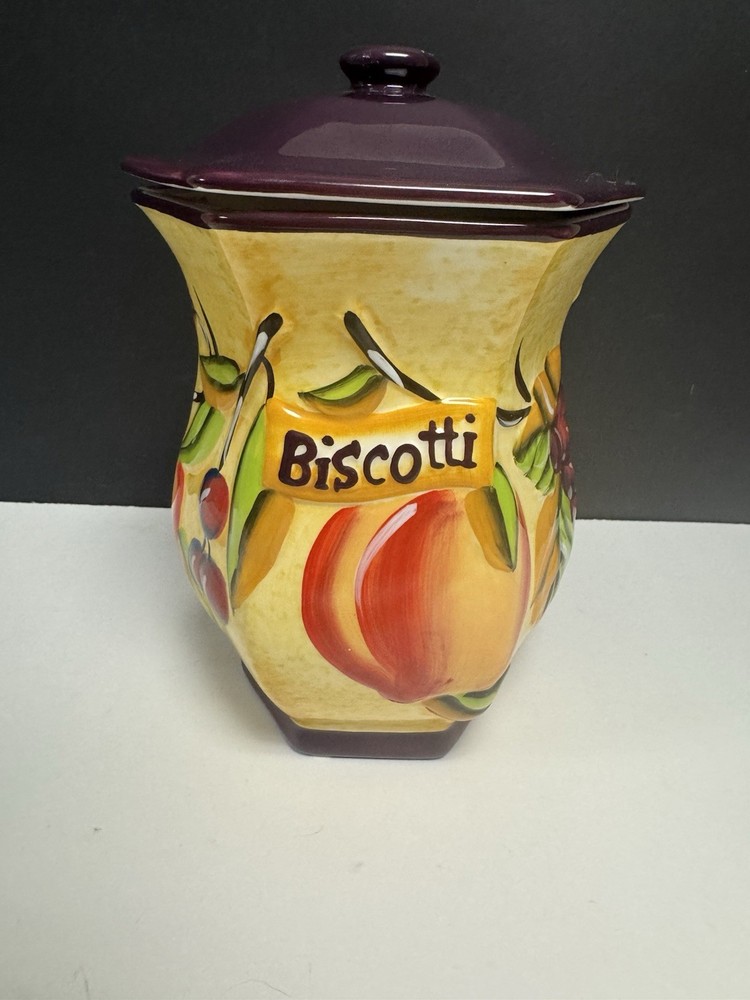 Nonni's Biscotti Ceramic Cookie Jar Canister Hand Painted 3D Purple Fruit 9.5