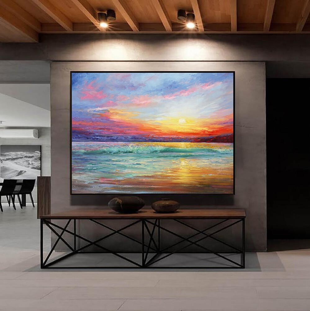 Handmade Oil Painting Abstract Sea Decor Sunrise Painting Landscape Picture