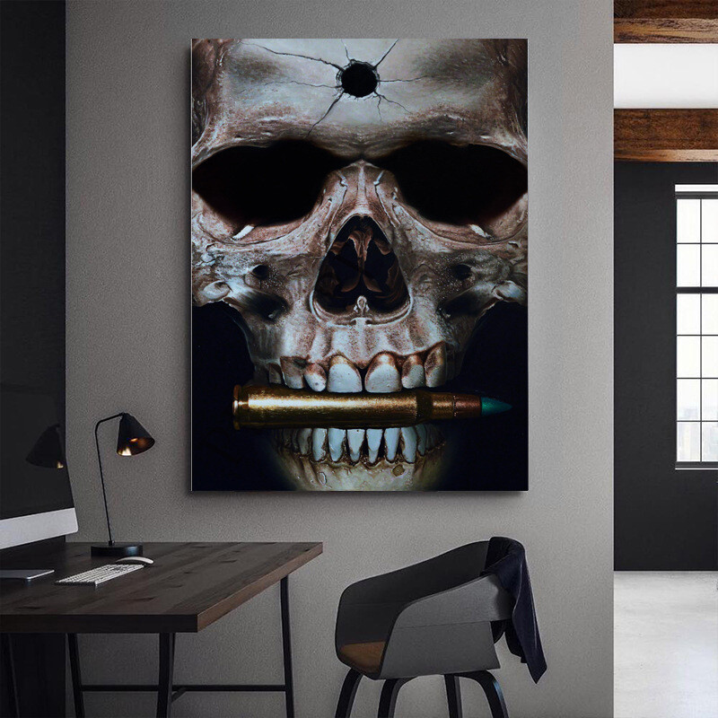 Abstract Black Skull with Bullet Wall Art Canvas Painting Posters and Print Wall-image