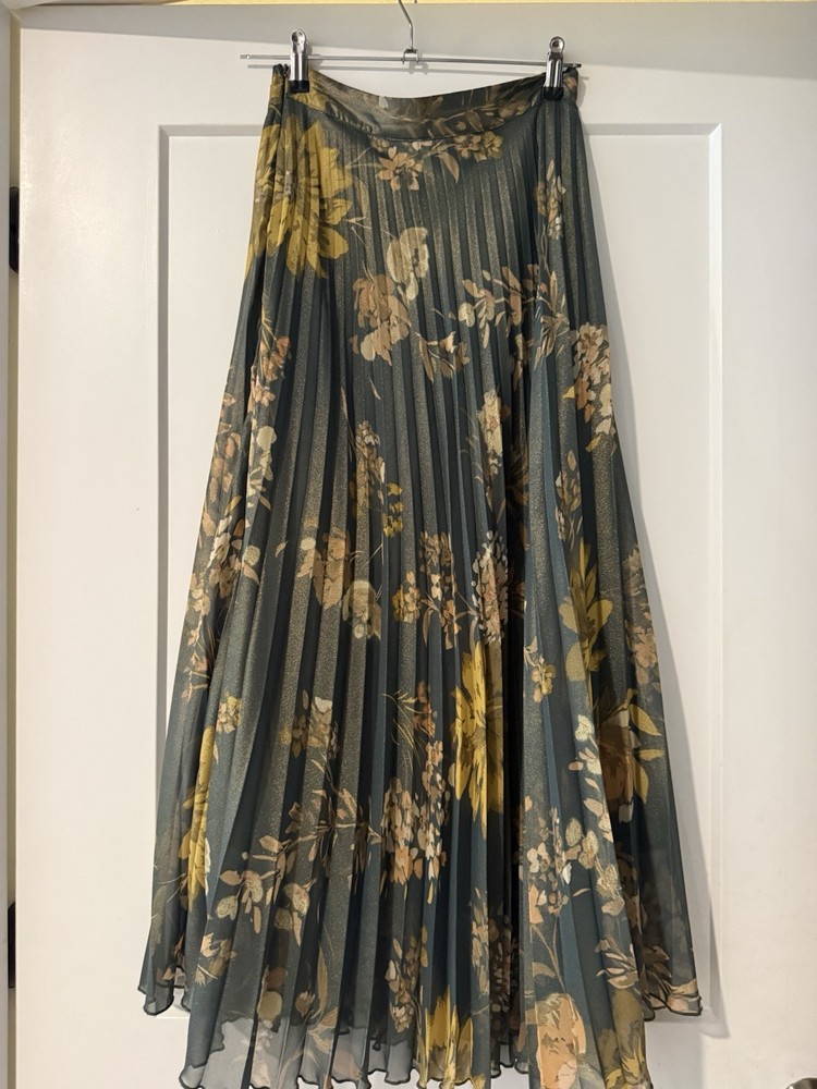 ZARA Green Yellow Beige Floral Pleated Chiffon Midi Skirt Lined Size XS
