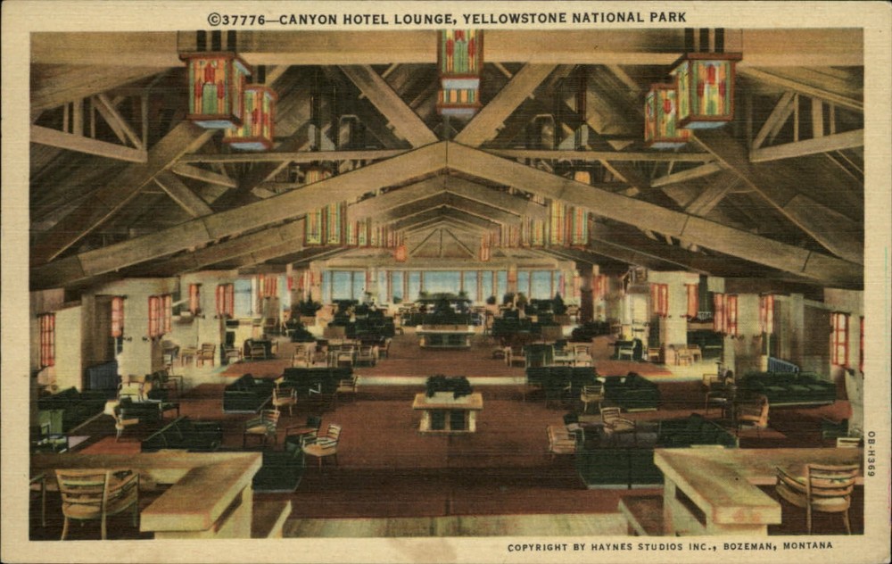Canyon Hotel Lounge Yellowstone Park Wyoming ~ 1930s linen postcard
