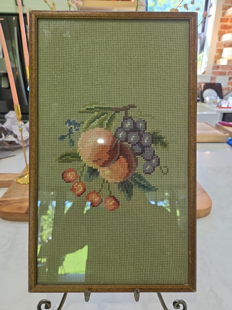 Vintage Framed Decorative Art Embroidery Petit Point NeedlePoint Work - Fruit
