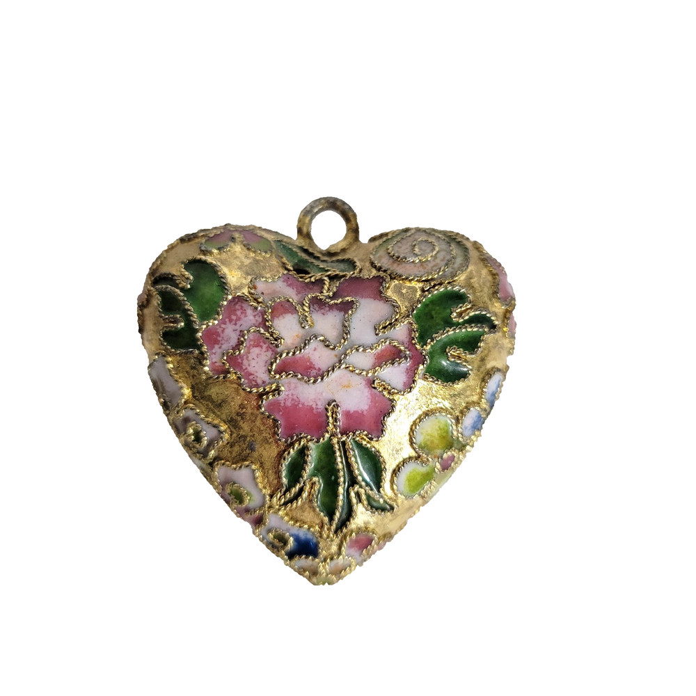 Vintage Cloisonné Enamel Heart Pendant Floral Gold Tone Asian Charm / Ornament