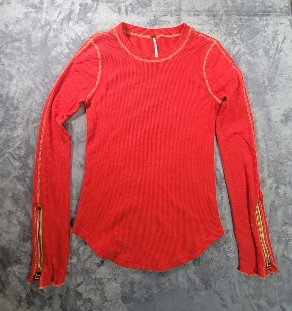 Free People Womens M Thermal Top Waffle Knit Long Sleeve Zip Cuff Red