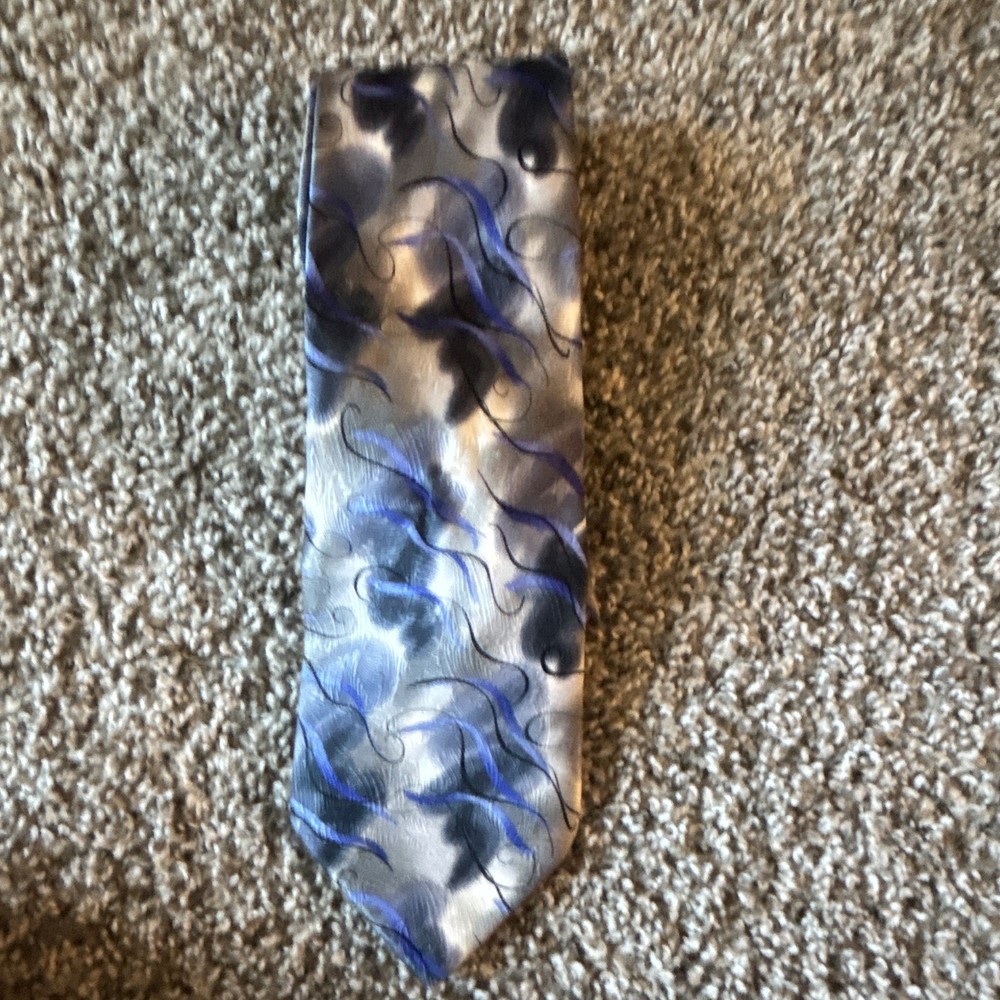 J. Garcia Men's Woven Silk Pointed Tie Silver Blue Black Abstract Logo One Size