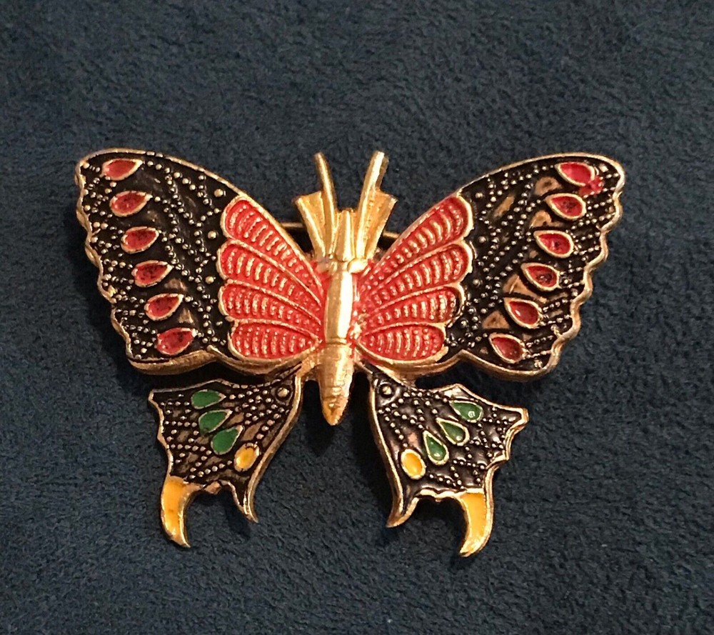 Vintage Signed SPAIN Gold tone Damascene Enamel BUTTERFLY Pin Brooch🤞